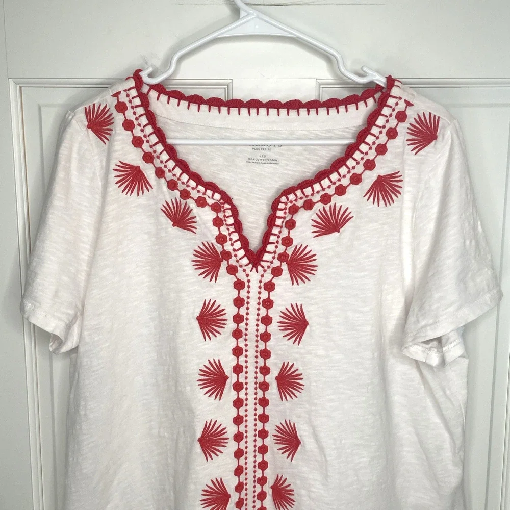 Talbots Women's Aztec Embroidered Short Sleeve Top Sz Petite 2XL 100% Cotton